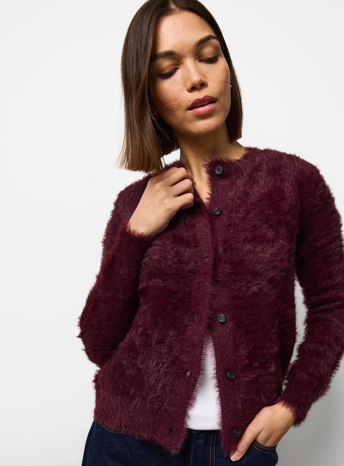 Dark Red Crew Neck Eyelash Knit Cardigan 18 - Image 1 thumbnail